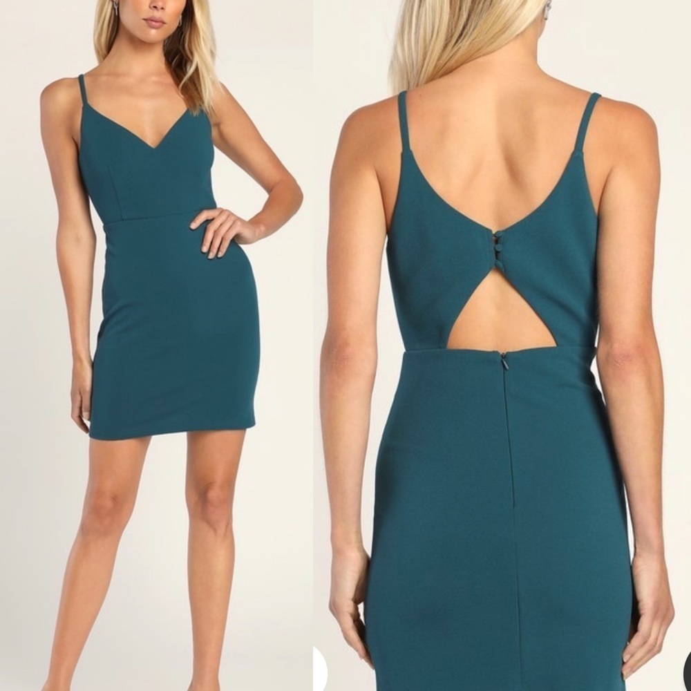 Lulus Dear Desires Teal Blue Bodycon V-Neck Mini Spaghetti Straps Dress Size M